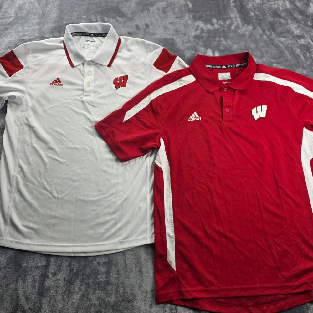 Adidas Polo Shirt Mens Medium Red White Wisconsin Badgers Climalite Bundle‎ 2pk